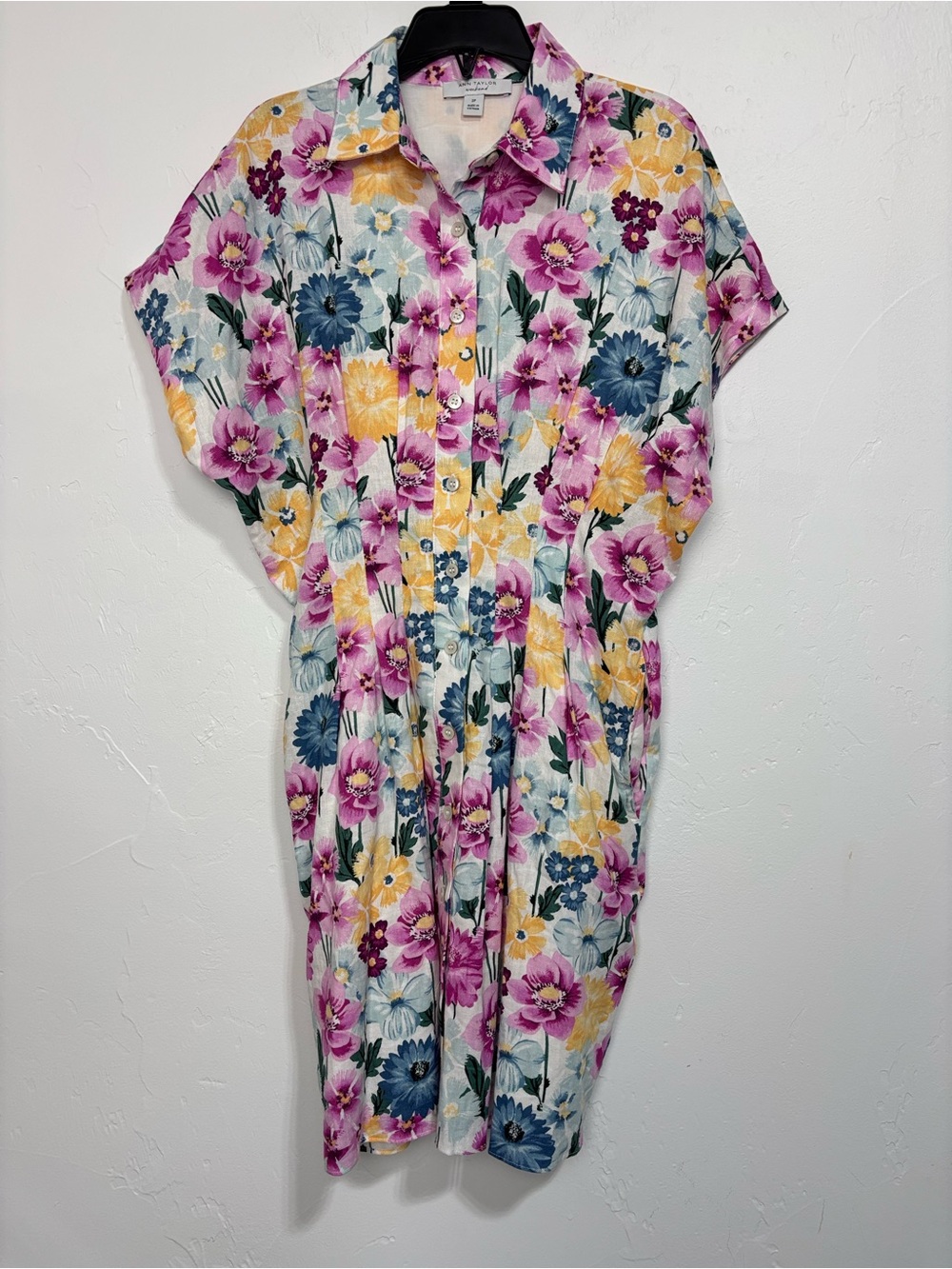 Ann Taylor Weekend Women's 2P Floral Shirt Dress Button Front Linen Cap Sleeve